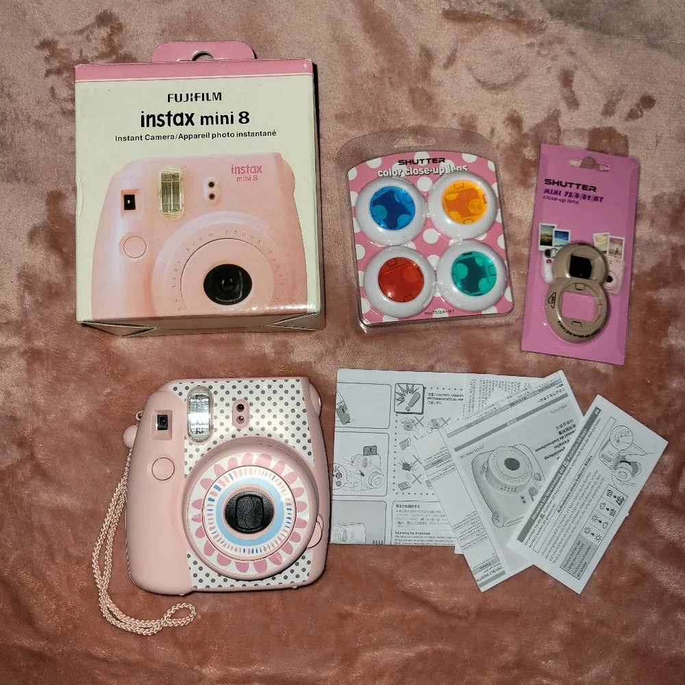 Fujifilm Instax Mini 8 Pink Instant Camera + Box + Lenses - Tested Works
